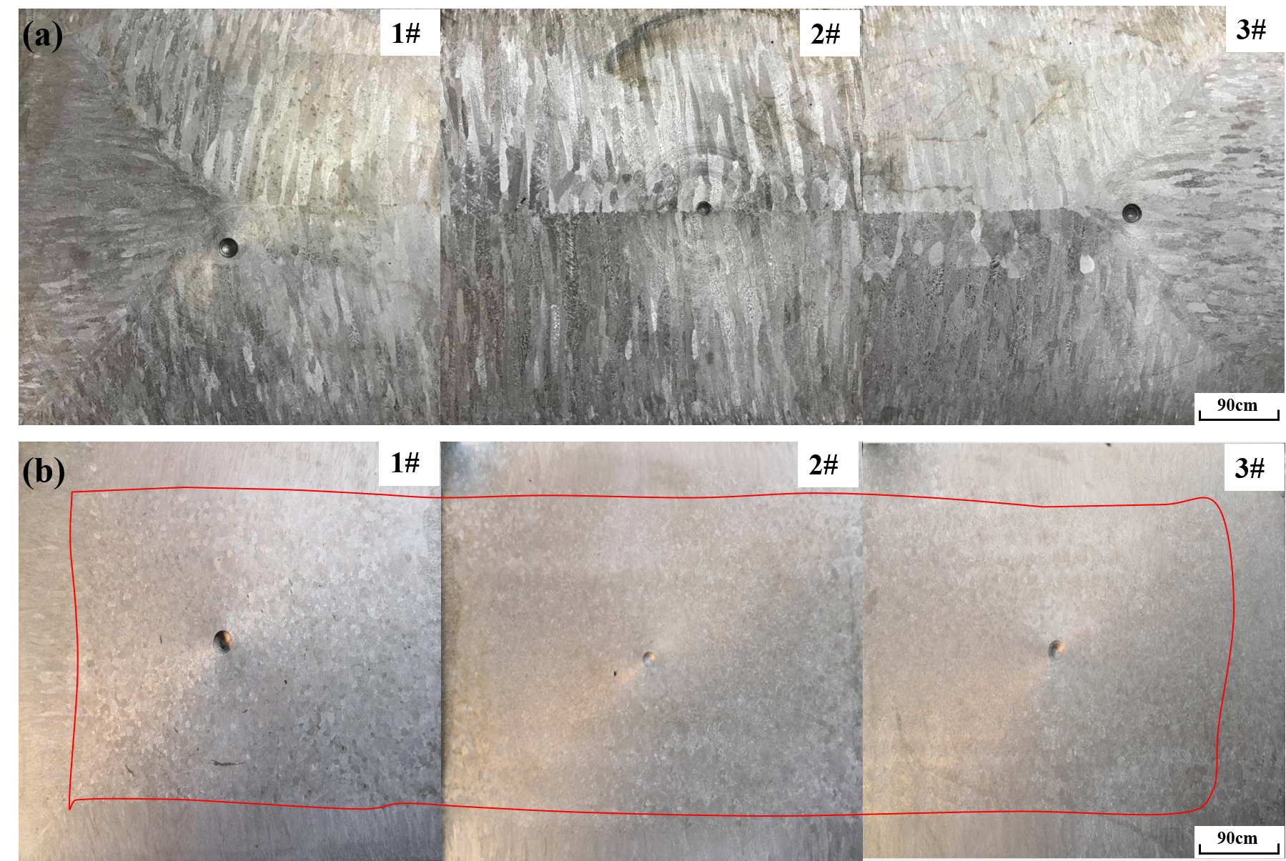 Coupe transversale de la macrostructure brute de coul&eacute;e du toron (a) sans IN-ROLL EMS et (b) avec deux paires de rouleaux utilis&eacute;s en IN-ROLL EMS (&agrave; 400 A et 7 Hz)